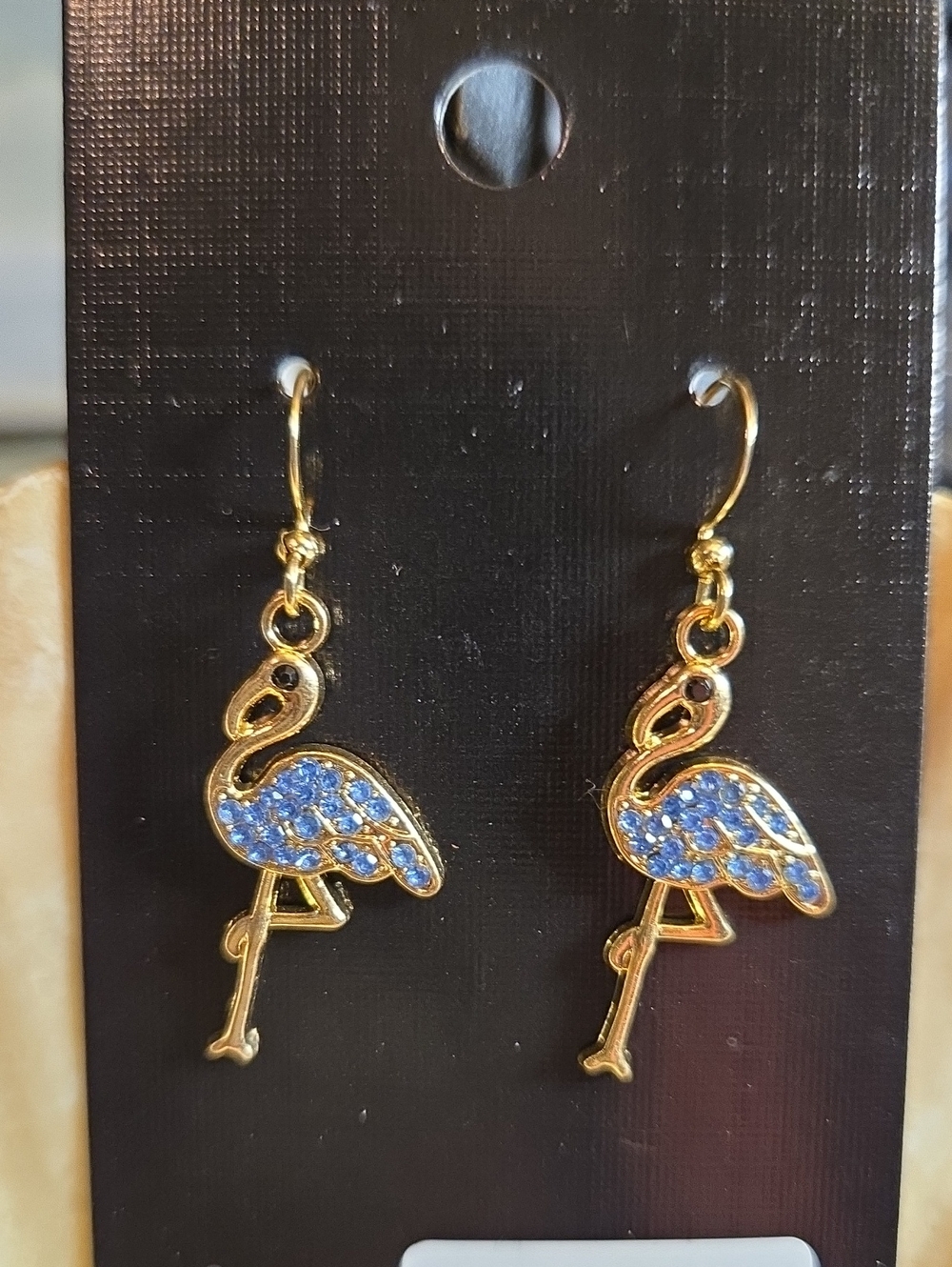 Gold Flamingo Drop Earrings with Blue Crystal Accents